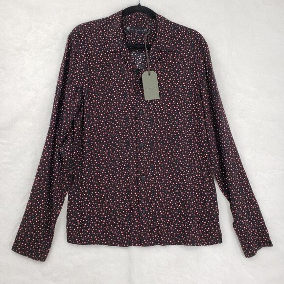 AllSaints Shirt Mens Small Black Red Star Print Button Up Long Sleeve Viscose - Picture 4 of 12